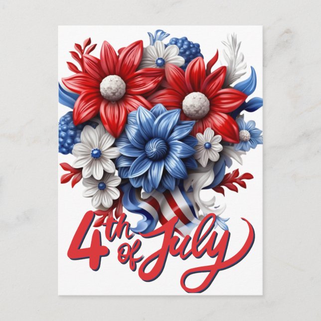 4th of July Flowers in Red White & Blue Patriotic Postcard (Front)
