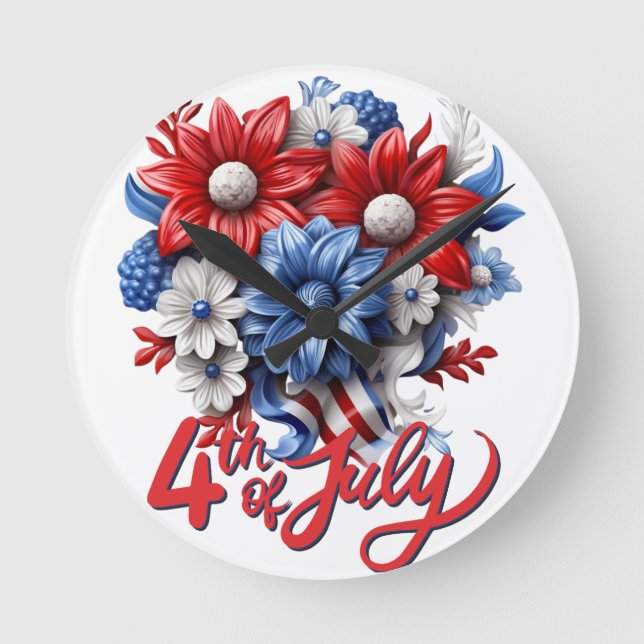 4th of July Flowers in Red White & Blue Patriotic Round Clock (Front)