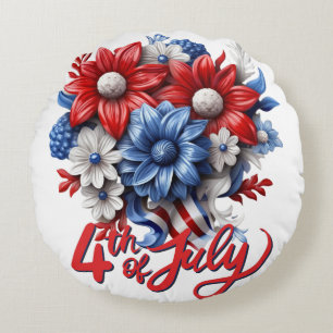 4th of July Flowers in Red White & Blue Patriotic Round Cushion