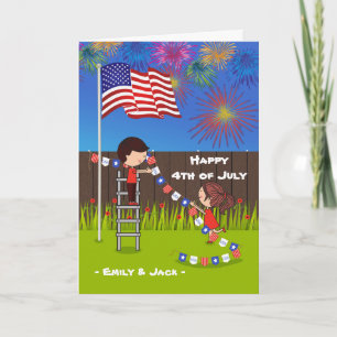 4th of July for Couple Putting Up Decorations Card
