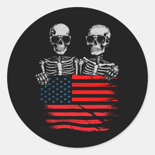 4th Of July For Women Men American Flag Skull Skel Classic Round Sticker (Front)