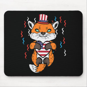 4th Of July Fox American Flag Heart Patriotic Kids Mouse Mat