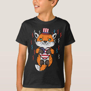 4th Of July Fox American Flag Heart Patriotic Kids T-Shirt
