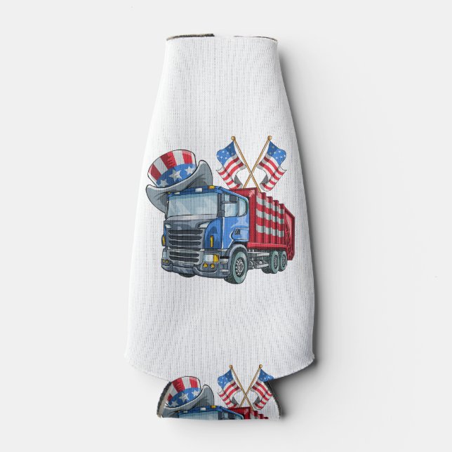 4th of July Garbage Truck Funny Shirt Men Women Bottle Cooler (Front)