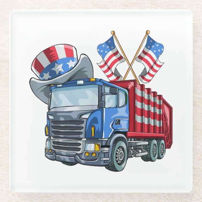 4th of July Garbage Truck Funny Shirt Men Women Glass Coaster (Front)