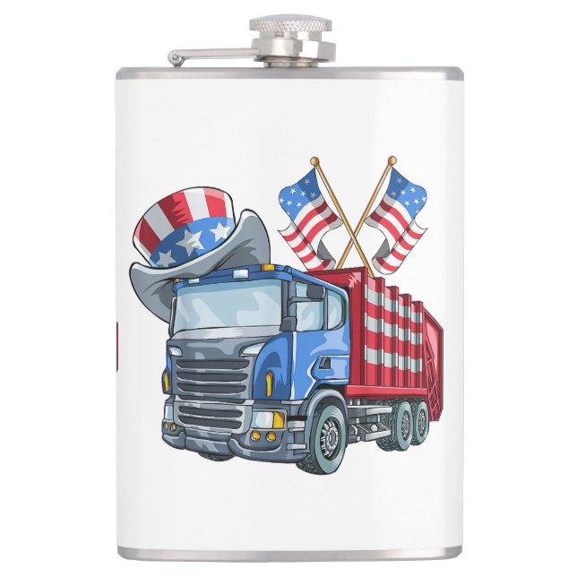 4th of July Garbage Truck Funny Shirt Men Women Hip Flask (Front)