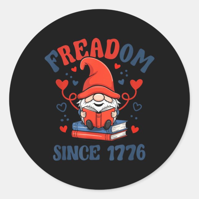 4th of July Gnome Firework Freadom Book Classic Round Sticker (Front)