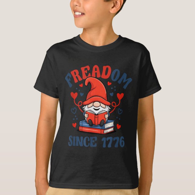 4th of July Gnome Firework Freadom Book T-Shirt (Front)