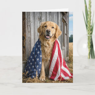 4th of July Golden Retriever with American Flag Card