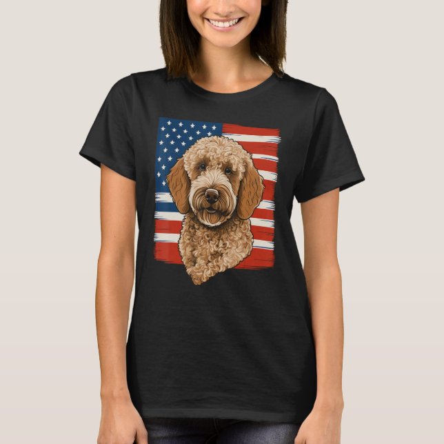 4th Of July Goldendoodle on Patriotic American Gol T-Shirt (Front)