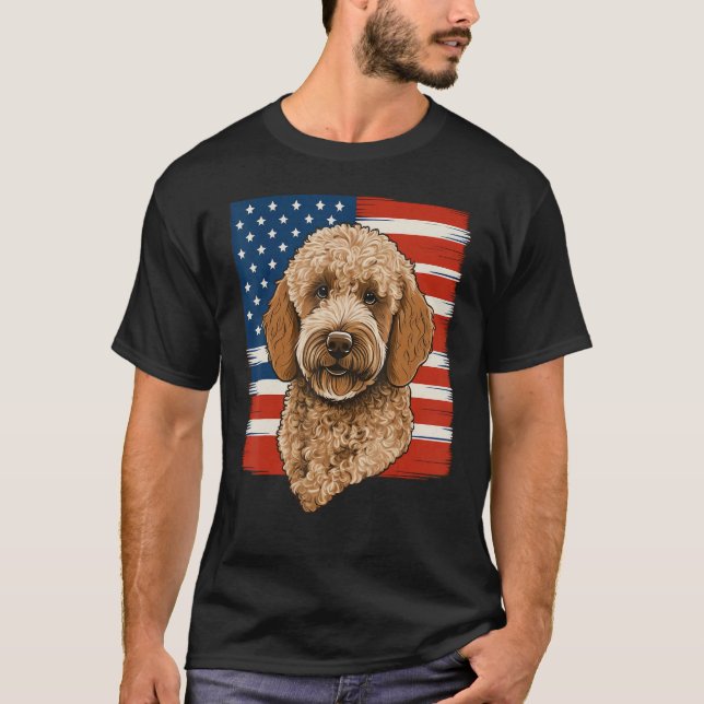 4th Of July Goldendoodle on Patriotic American Gol T-Shirt (Front)