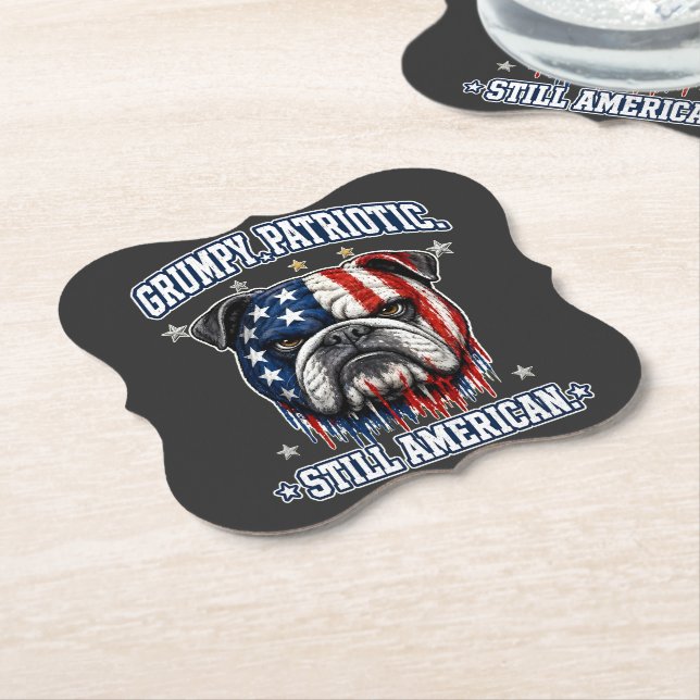 4th Of July Grumpy Patriotic Bulldog Paper Coaster (Angled)