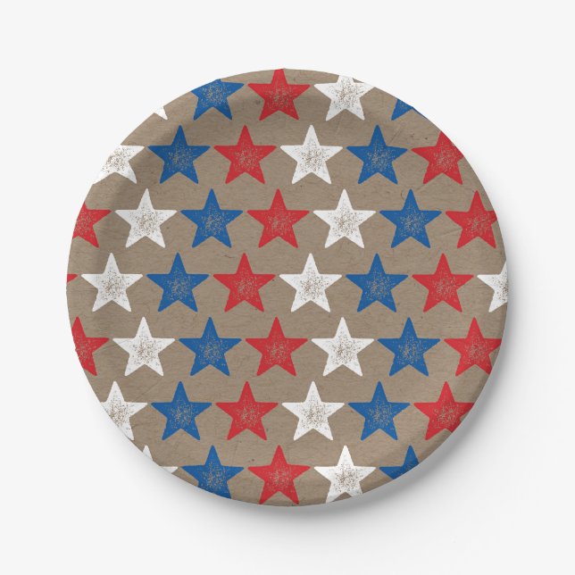 4th Of July Grunge Stars Kraft Party Paper Plates (Front)