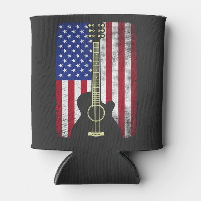 4th Of July Guitar Musician USA American Flag Can Cooler (Front)