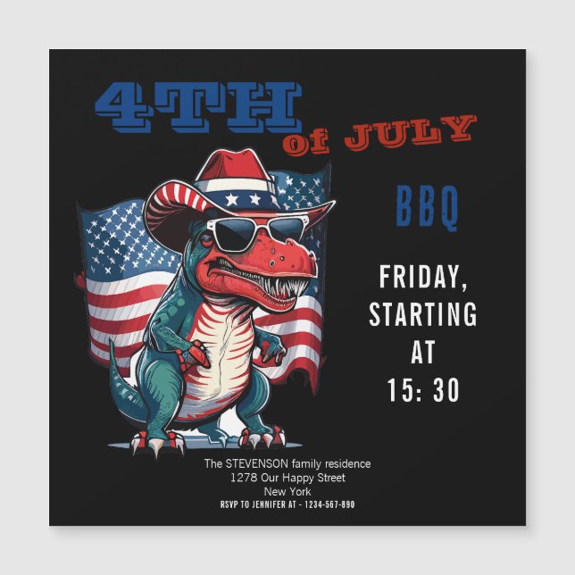 4TH of July happy Dinosaur with the US flag Magnetic Invitation (Front)