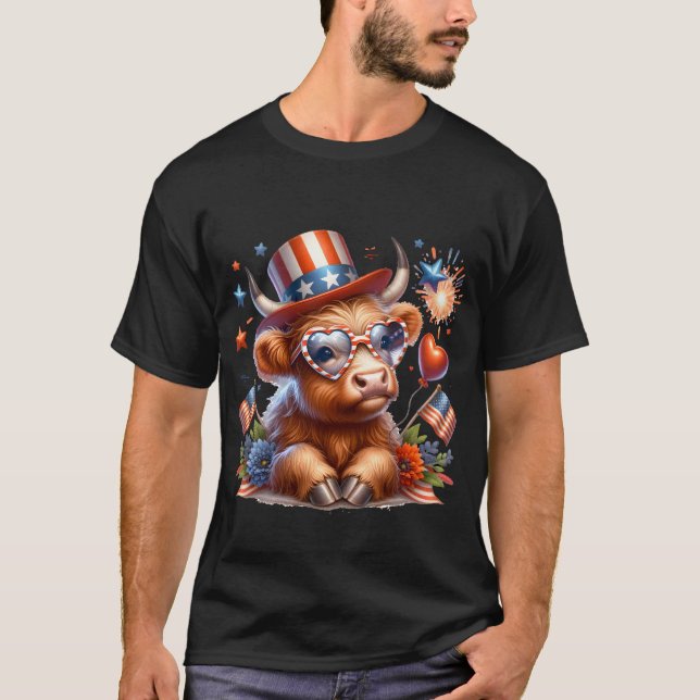 4th Of July Highland Cow Cute American T-Shirt (Front)