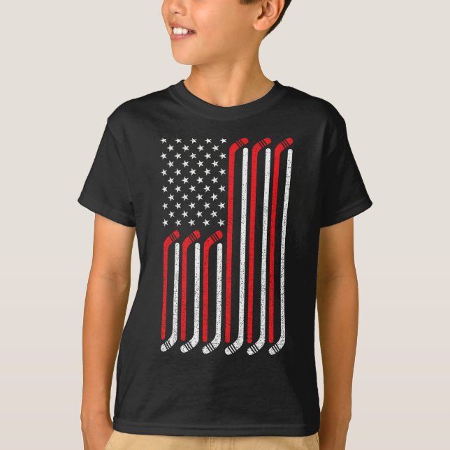 4th of July Hockey Stick USA Flag Patriotic Hockey T-Shirt (Front)