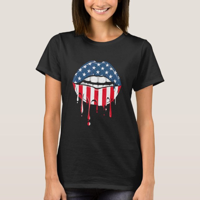 4th Of July Holiday Dripping Lips Kiss American Fl T-Shirt (Front)