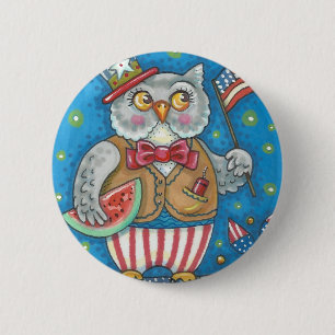 4TH OF JULY HOOT OWL, BIRD BUTTON Round