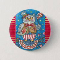 4TH OF JULY HOOT OWL, BIRD BUTTON Round