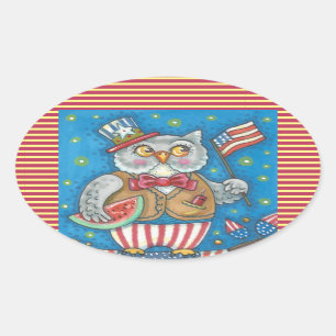 4TH OF JULY HOOT OWL, BIRD STICKERS Oval *Sheet