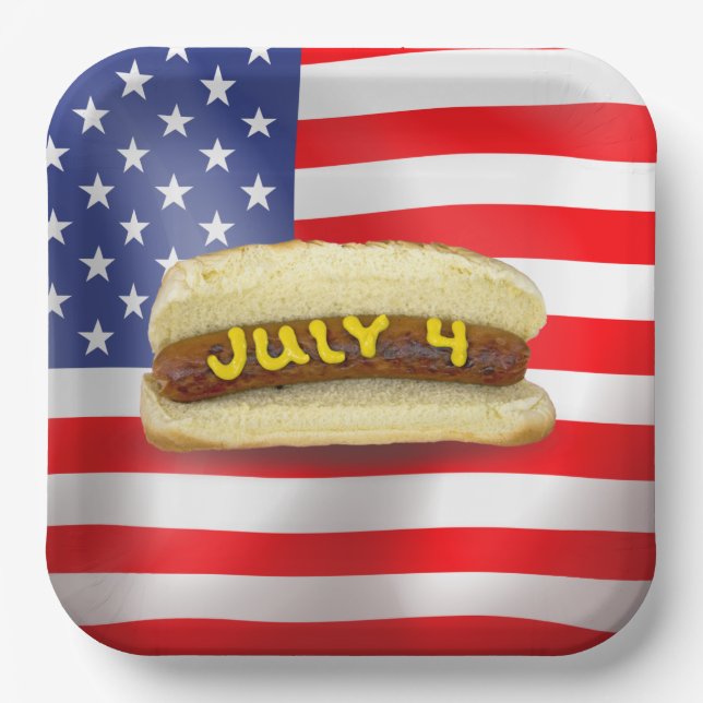 4th Of July Hot Dog On American Flag Paper Plate (Front)