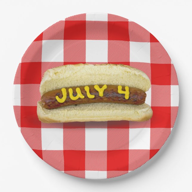 4th Of July Hot Dog on Buffalo Plaid Paper Plate (Front)