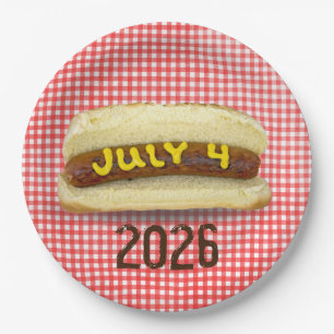 4th Of July Hot Dog on Gingham Napkins Paper Plate