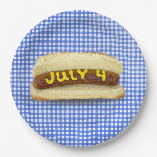 4th Of July Hot Dog on Gingham Paper Plate (Front)