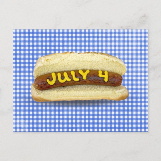 4th Of July Hot Dog on Gingham  Postcard (Front)