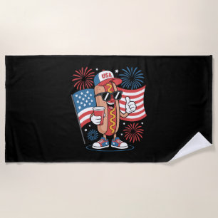 4th Of July Hotdog American Flag Patriotic Firewor Beach Towel
