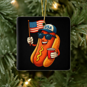 4th of July Hotdog Funny Patriotic USA Flag Ceramic Ornament