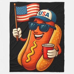 4th of July Hotdog Funny Patriotic USA Flag Fleece Blanket