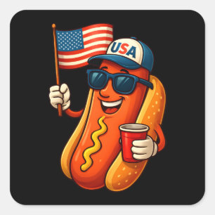 4th of July Hotdog Funny Patriotic USA Flag Square Sticker