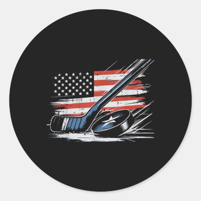 4th Of July Ice Hockey Stick Puck Us Flag Men Boys Classic Round Sticker (Front)