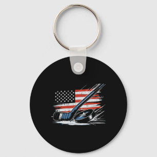4th Of July Ice Hockey Stick Puck Us Flag Men Boys Key Ring