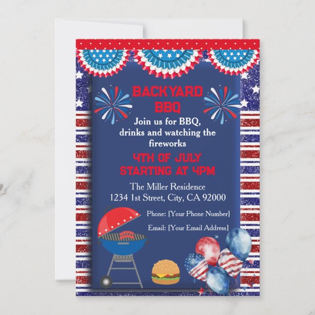 4th of July Independence day Bbq party design Invitation (Front)