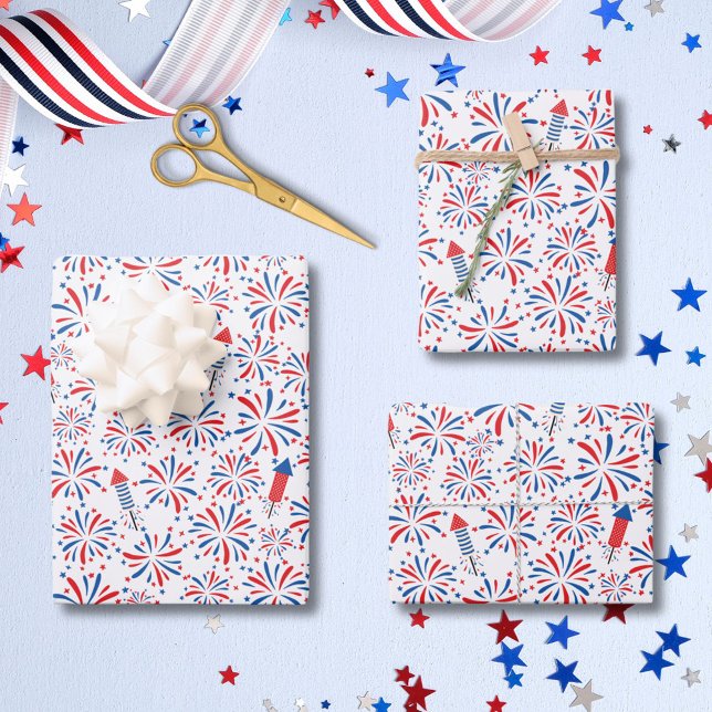 4th of July Independence Day Fireworks Pattern Wrapping Paper Sheet (In situ)