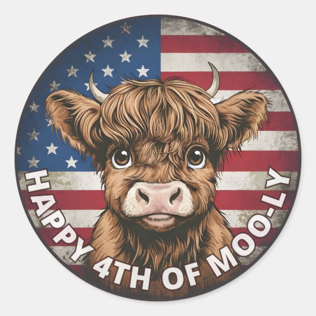 4th of July Independence Day Highland Cow Circle Classic Round Sticker (Front)