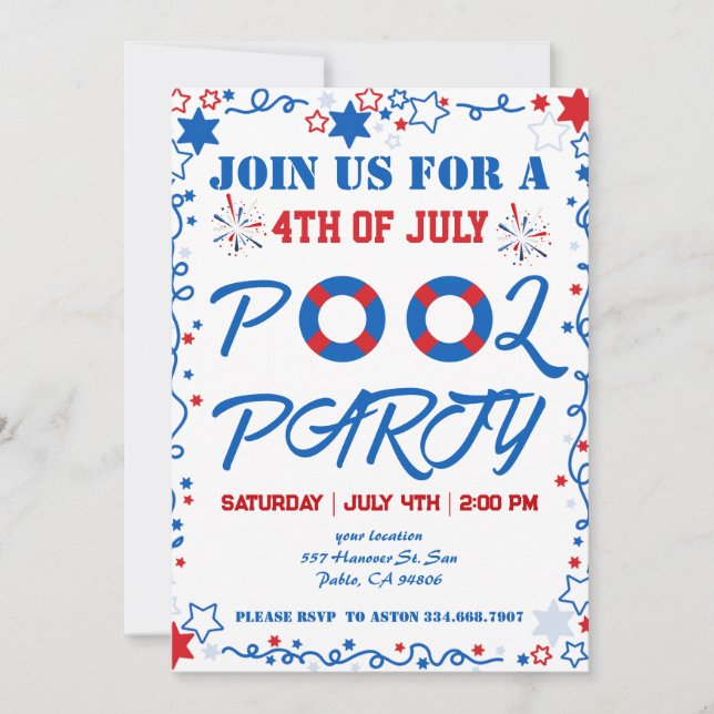4th of July Independence Day Pool Party Invitation (Front)