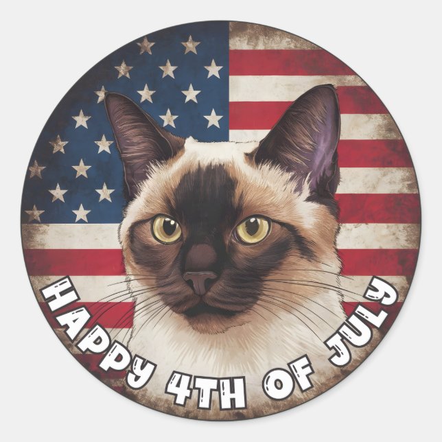 4th of July Independence Day Siamese Cat Circle Classic Round Sticker (Front)