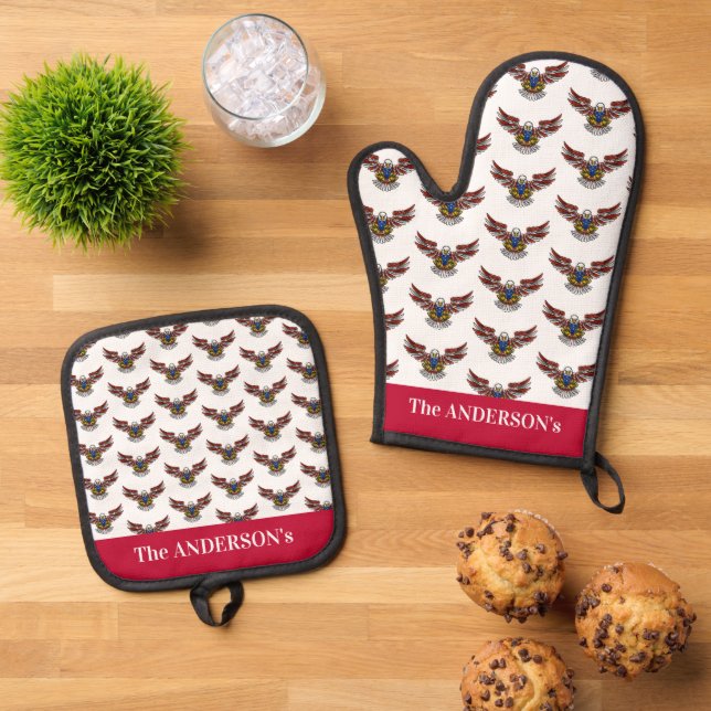 4th of July Independence Day USA Bald Eagle Oven Mitt & Pot Holder Set (Top Down)