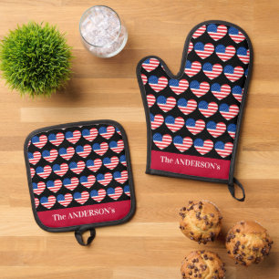 4th of July Independence Day USA Flag Heart Oven Mitt & Pot Holder Set