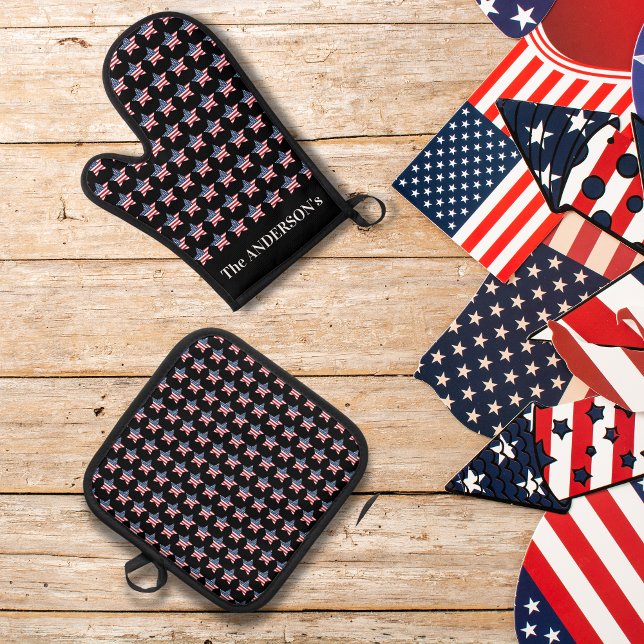 4th of July Independence Day USA Flag Star Oven Mitt & Pot Holder Set (4th of july usa star oven mitt and pot holder)