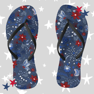 4th of July, Independence Patriotic Red White Blue Flip Flops