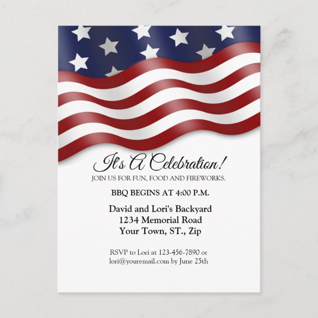 4th of July Invitation Red White Blue Flag Waving (Front)