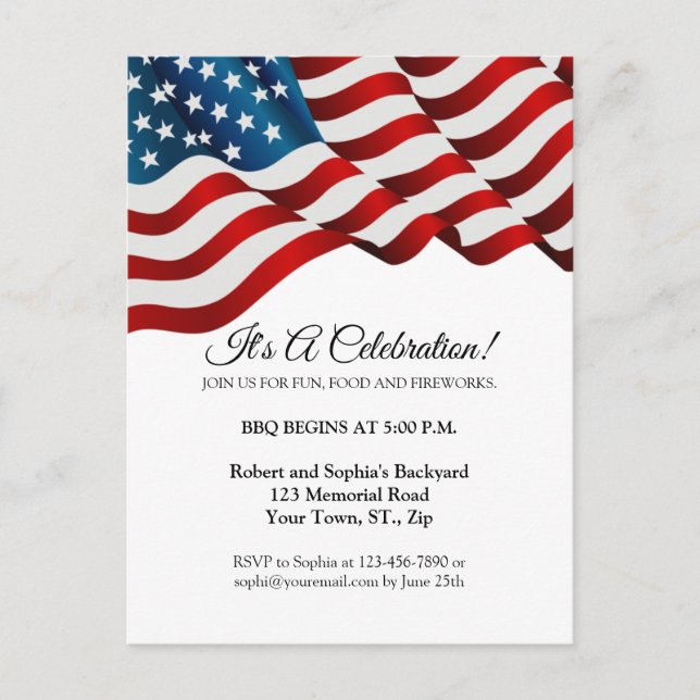 4th of July Invitation Red White Blue Flag Waving Postcard (Front)