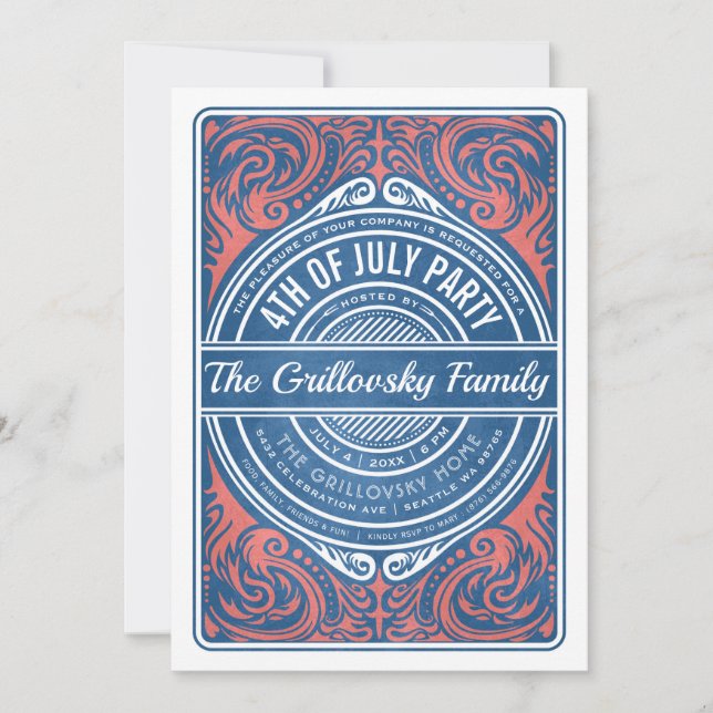 4th of July Invitations BBQ Red White & Blue (Front)