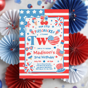 4th Of July Little Firecracker 2nd Birthday Party Invitation