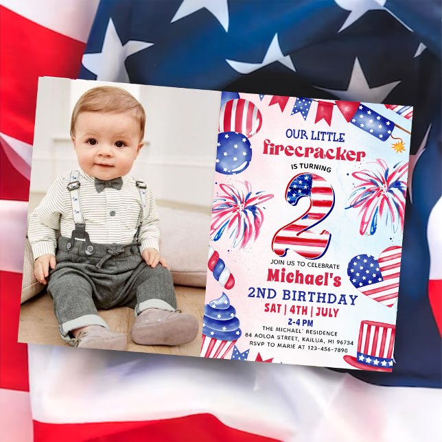 4th Of July Little Firecracker 2nd Birthday Photo Invitation (Creator Uploaded)